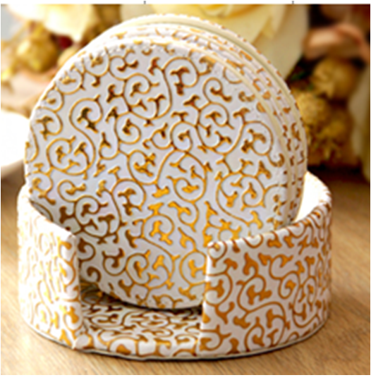 Reversible Gold Print  Leather 6 Pc  Round Coasters  WAUCUST1406